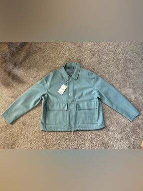 Zara Light Blue Faux Leather Work Jacket - Casual Button Front